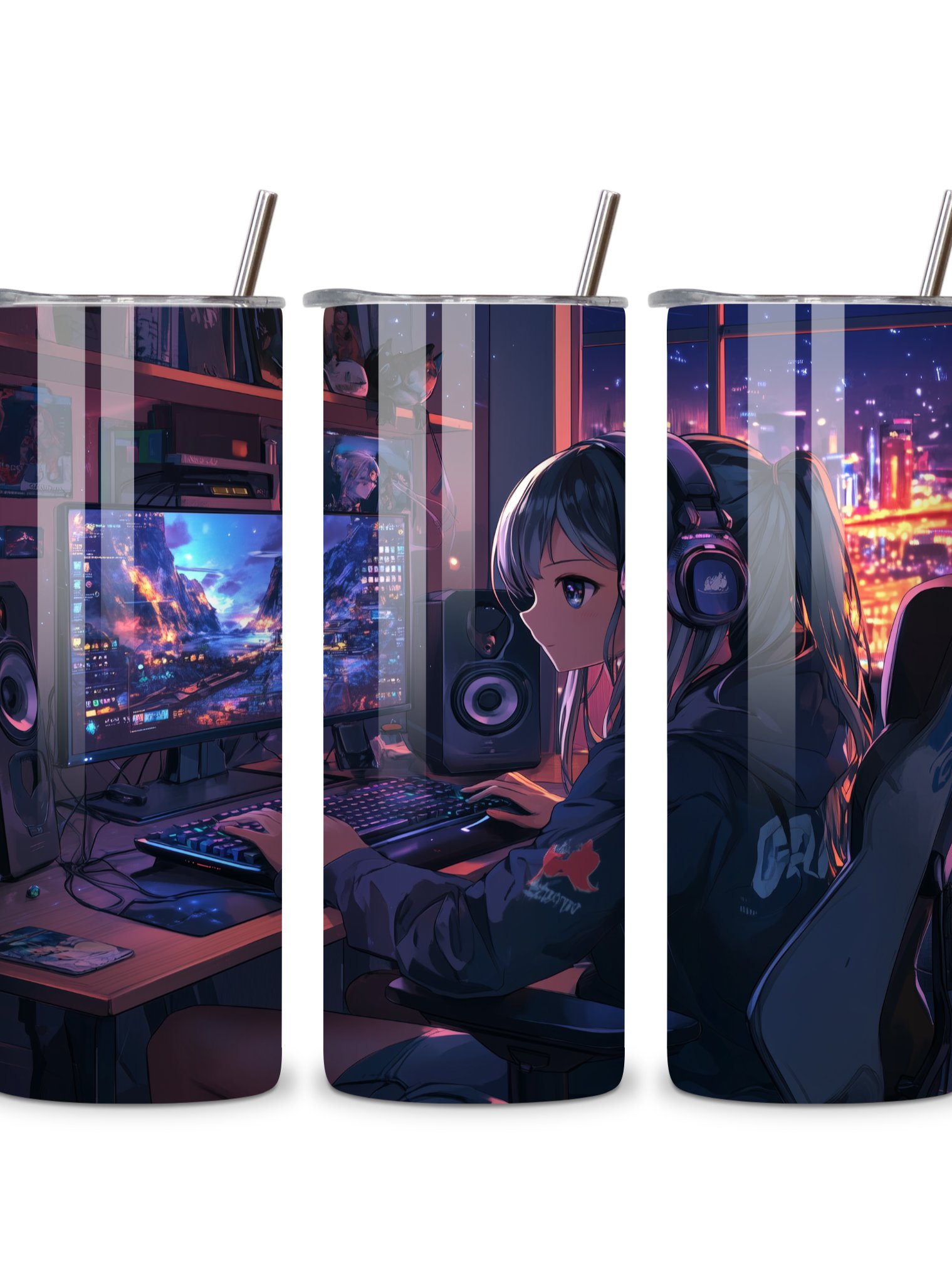 Anime Gamer Girl 20oz Skinny Tumbler with Metal Straw – Vibrant Gaming Setup Design – Double-Walled Insulated Stainless Steel Tumbler Gift for Anime and Gaming Fans (Anime Girl 3) product image (3)