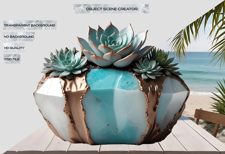 Coastal Luxe Spa Decor – Aqua Serenity – Vase with Succulent PNG product image (2)