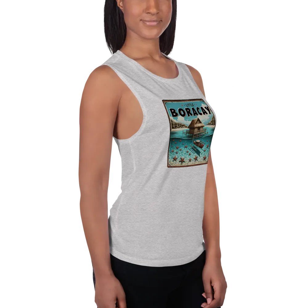 LITTLE BORACAY Womens FLOWY TANK TOP, FLOATING COTTAGE BALSA AND FILIPINO BOAT BANGKA WITH STARFISH, CALATAGAN BATANGAS product image (3)