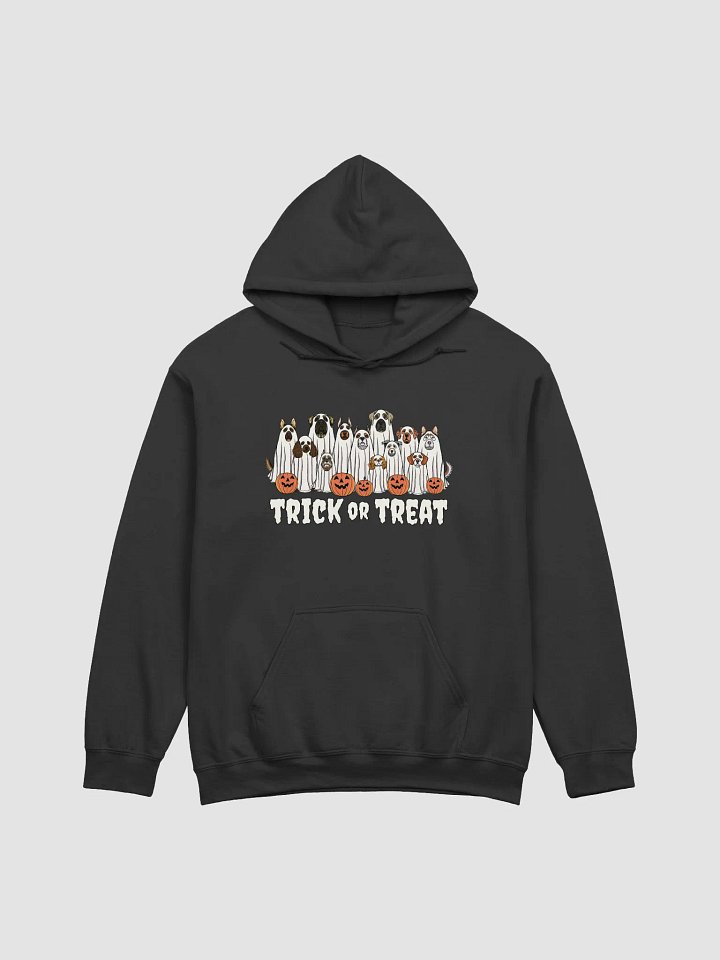 Trick or Treat Funny Halloween Dogs Hooded Sweatshirt | Funny Dogs Wearing Ghost Costumes and Holding Pumpkin Baskets product image (1)