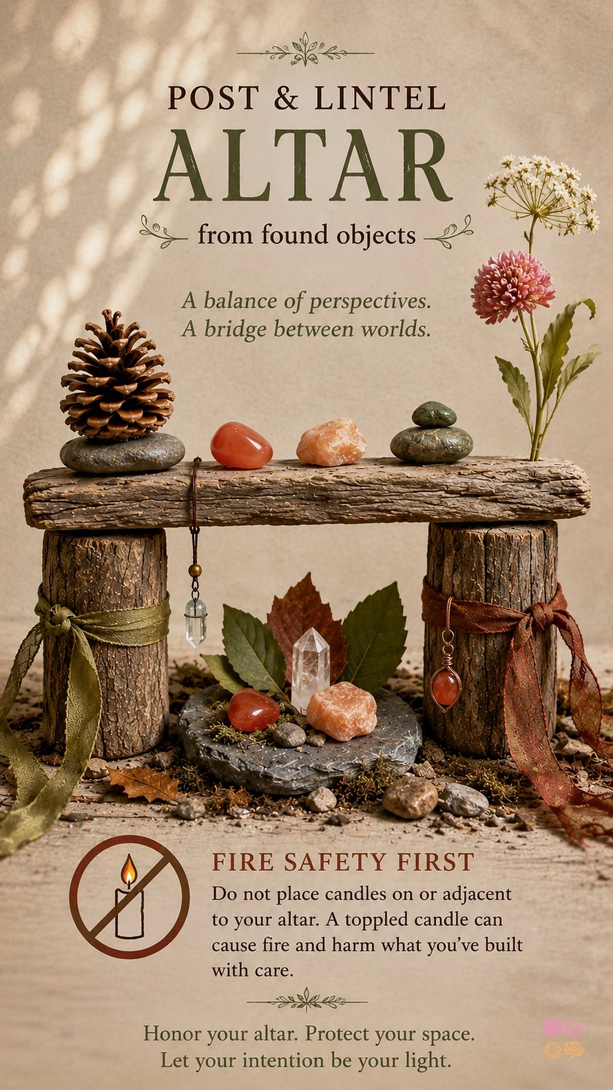 Post-and-lintel altar made from found objects, with stones, crystals, wildflowers, and a pinecone atop a small natural-wood structure.