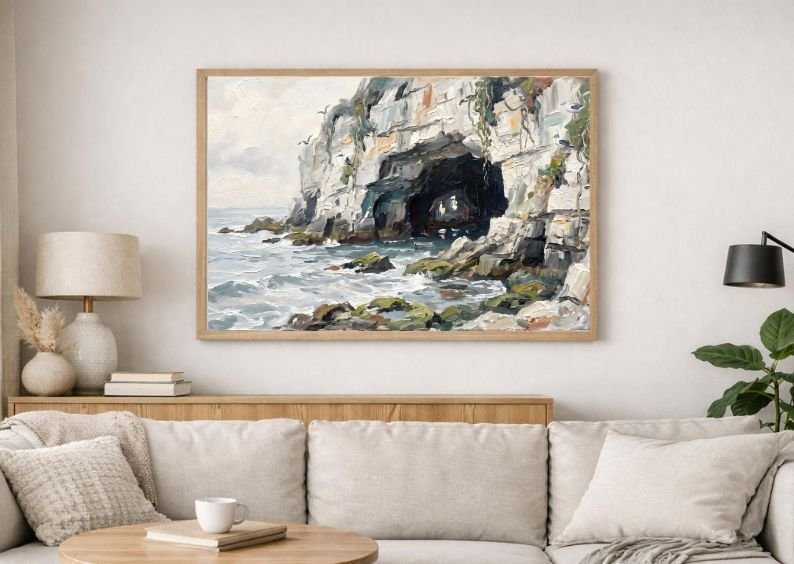 Rare Watercolor Coastal Wall Art Bundle of 3 – Shipwreck on Sandbar, Old Windmill on Coastal Hill & Waves at Sea Cave Entrance, Fine Detail Nautical Print product image (1)