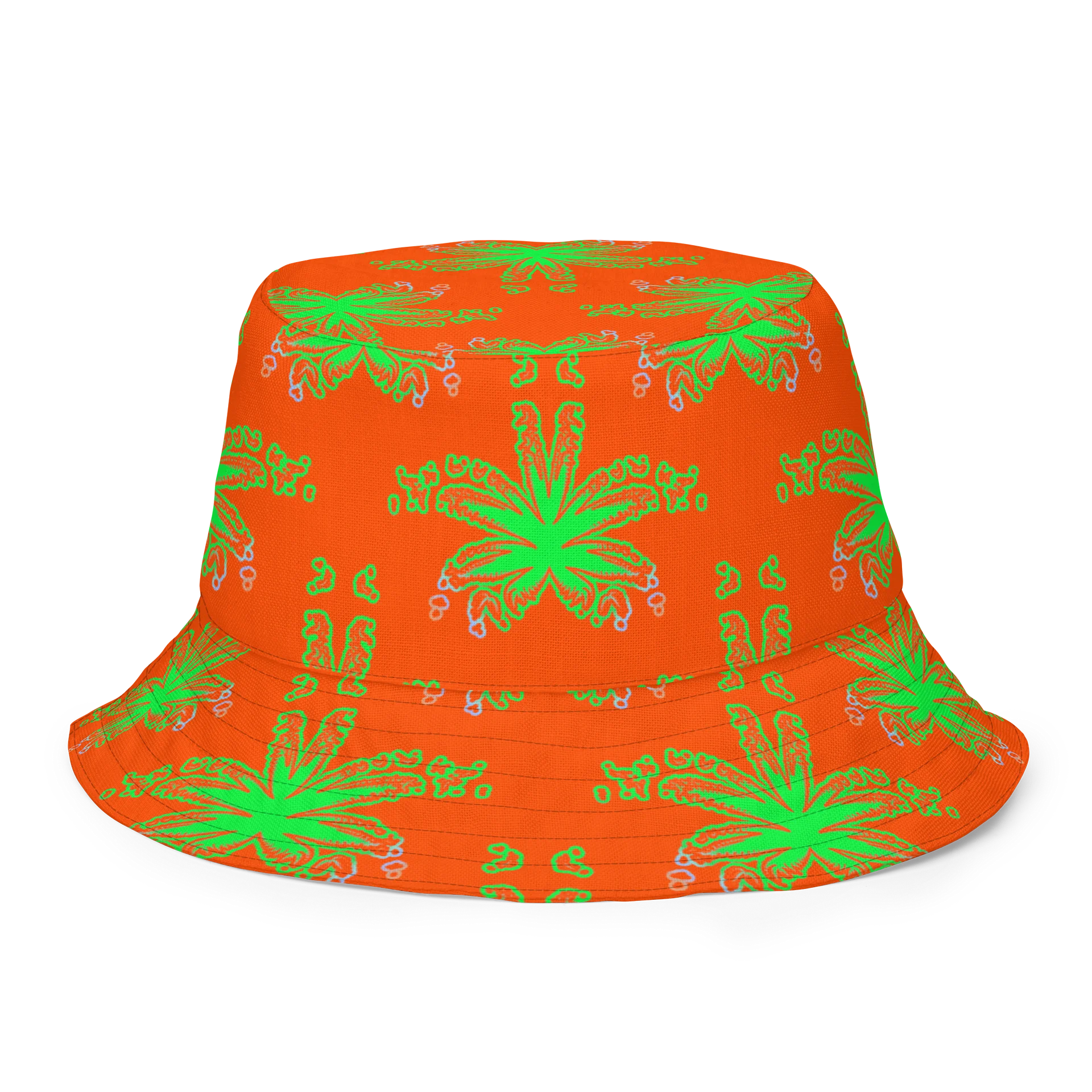 Stoner Raver Reversible Bucket Hat, Cannabis Halloween Accessory, Weird Weed Rave Wear, Orange Green Black Pot Leaf 420 Alt Festival Fashion product image (6)