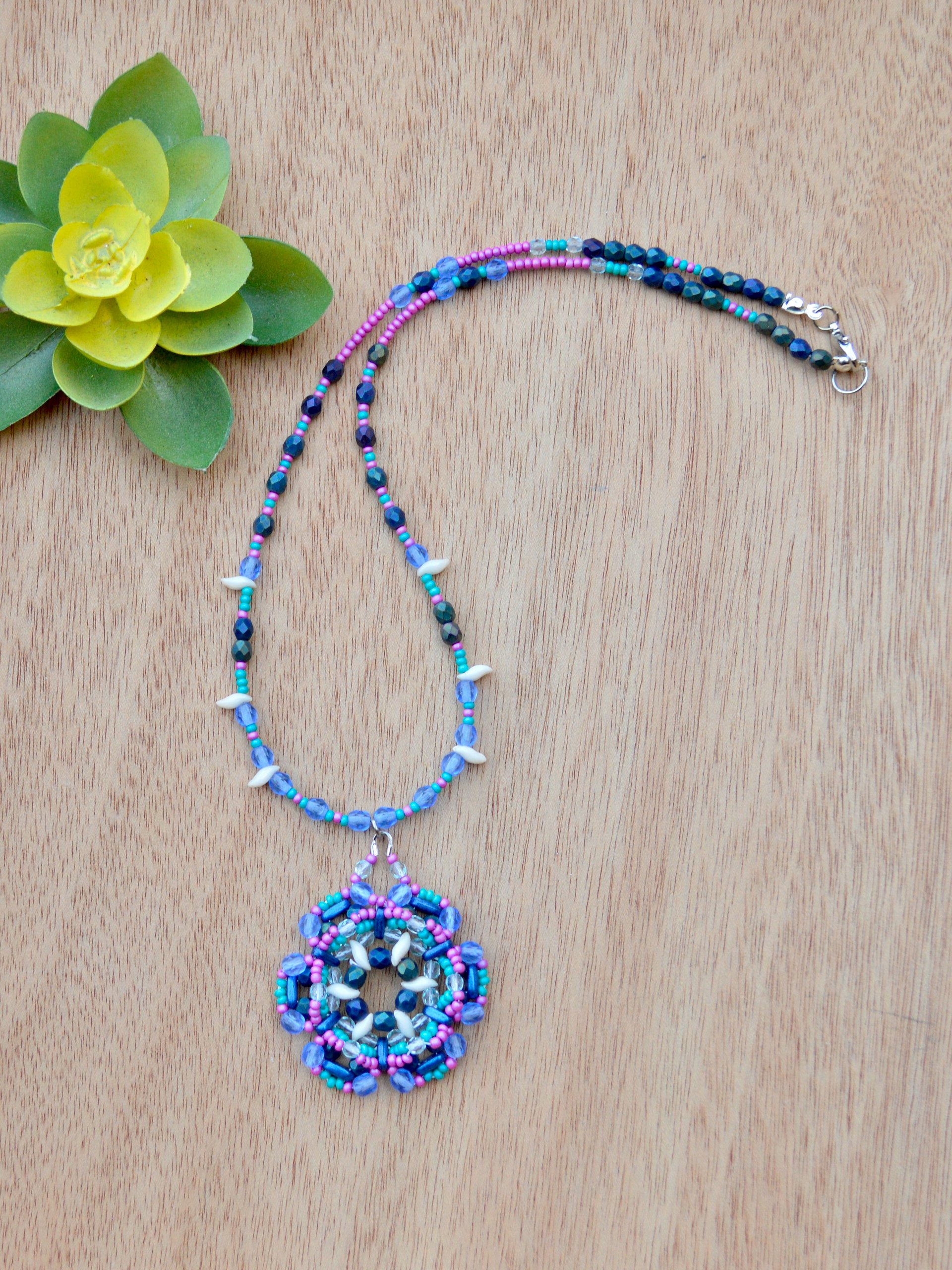Blue and Pink Beaded Handmade Seed Bead Flower Pendant Necklace product image (3)