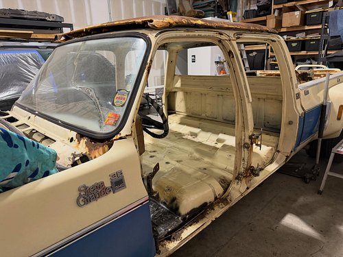 Late night at the shop stripping the interior of the ol dually. Also finished the repair of the driver door hinge support bra...