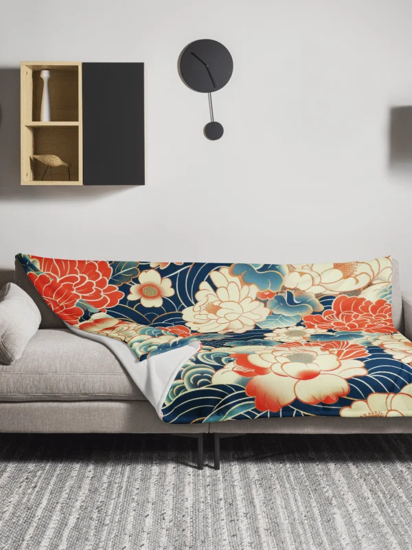 Traditional Japanese Floral Throw Blanket - Peony Wave Aesthetic Fleece product image (13)