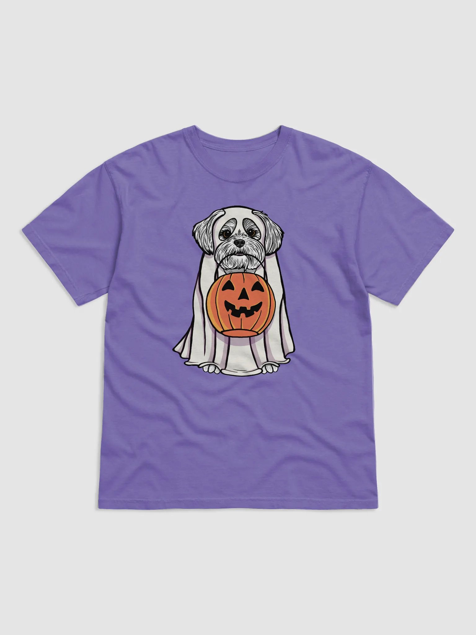 Funny Halloween Maltese T-Shirt | Funny Maltese Wearing a Ghost Costume and Holding a Pumpkin Basket product image (1)