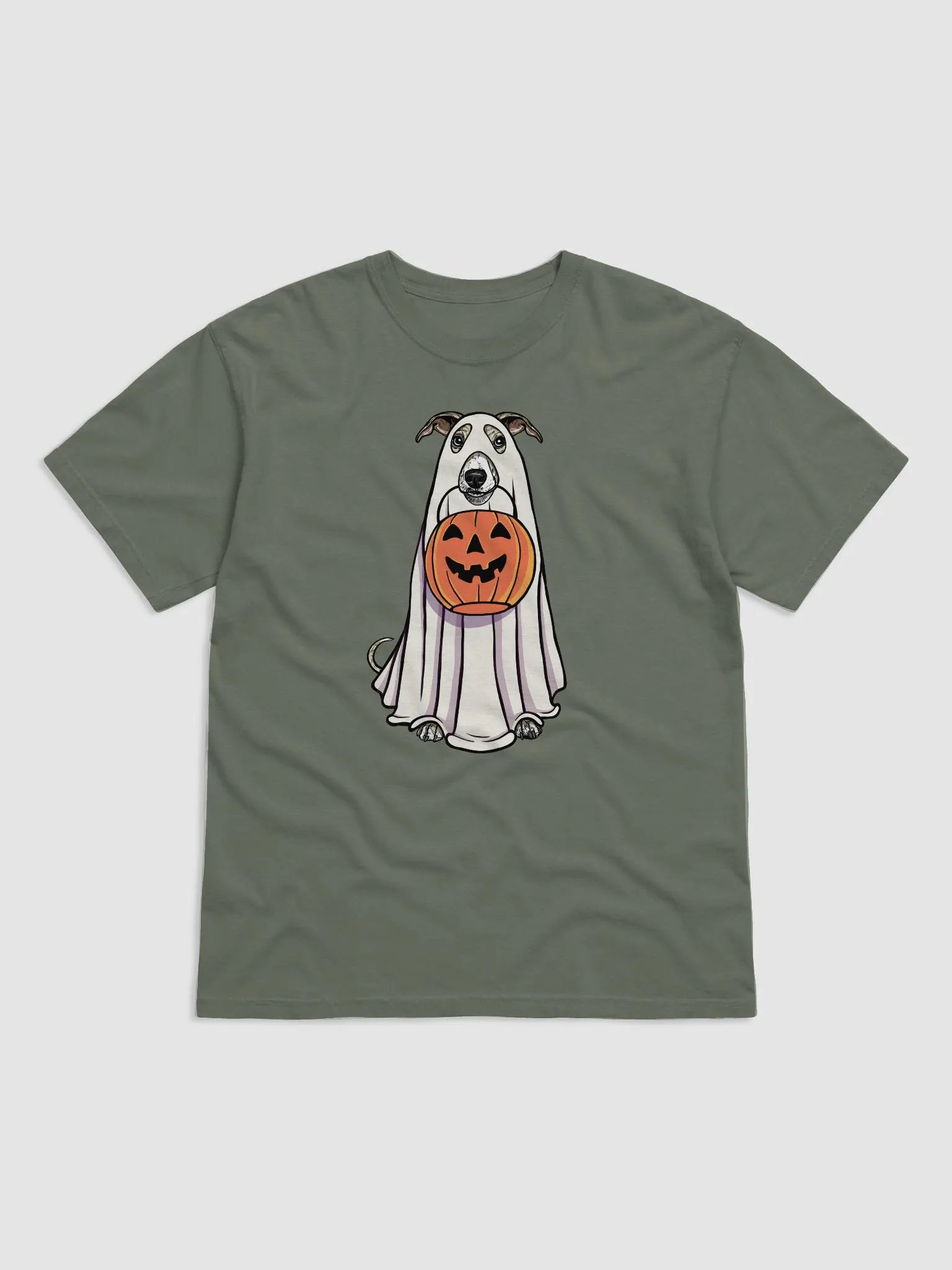 Funny Halloween Whippet(Fawn Brindle) T-Shirt | Funny Dog Wearing a Ghost Costume and Holding a Pumpkin Basket product image (1)