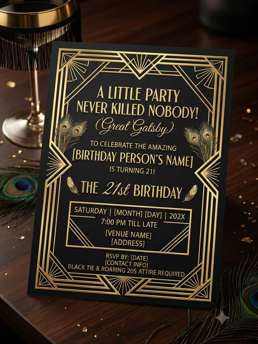 21st Birthday Invitation Template, Editable Gatsby Milestone Invite, Printable Art Deco Party, Canva Instant Download Digital product image (1)