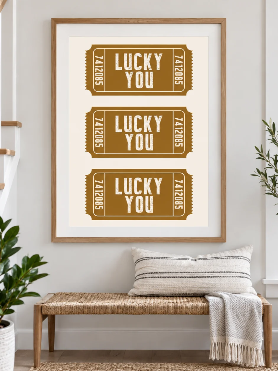 Lucky You Ticket Poster, Mustard Ochre Typography Wall Art, Retro Ticket Print, Cream Earth Tone Art, Printable Quote Art, Vintage Art Print product image (10)