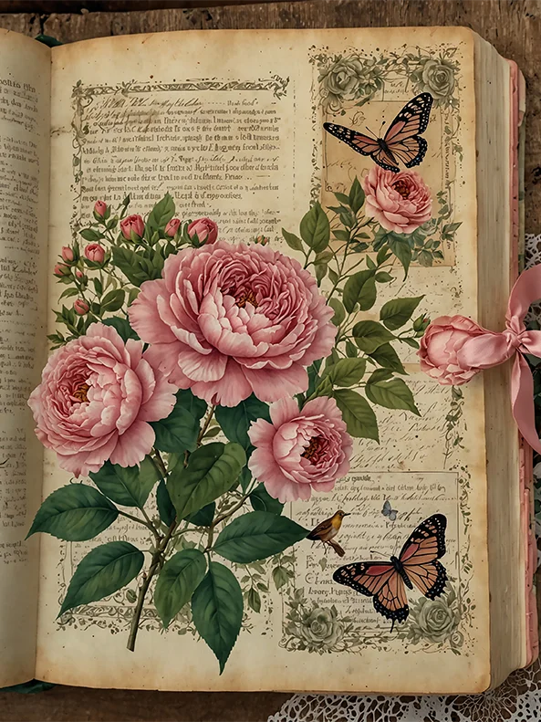 Set of 8 Antique Book Pages with Garden Roses No.R245 product image (8)