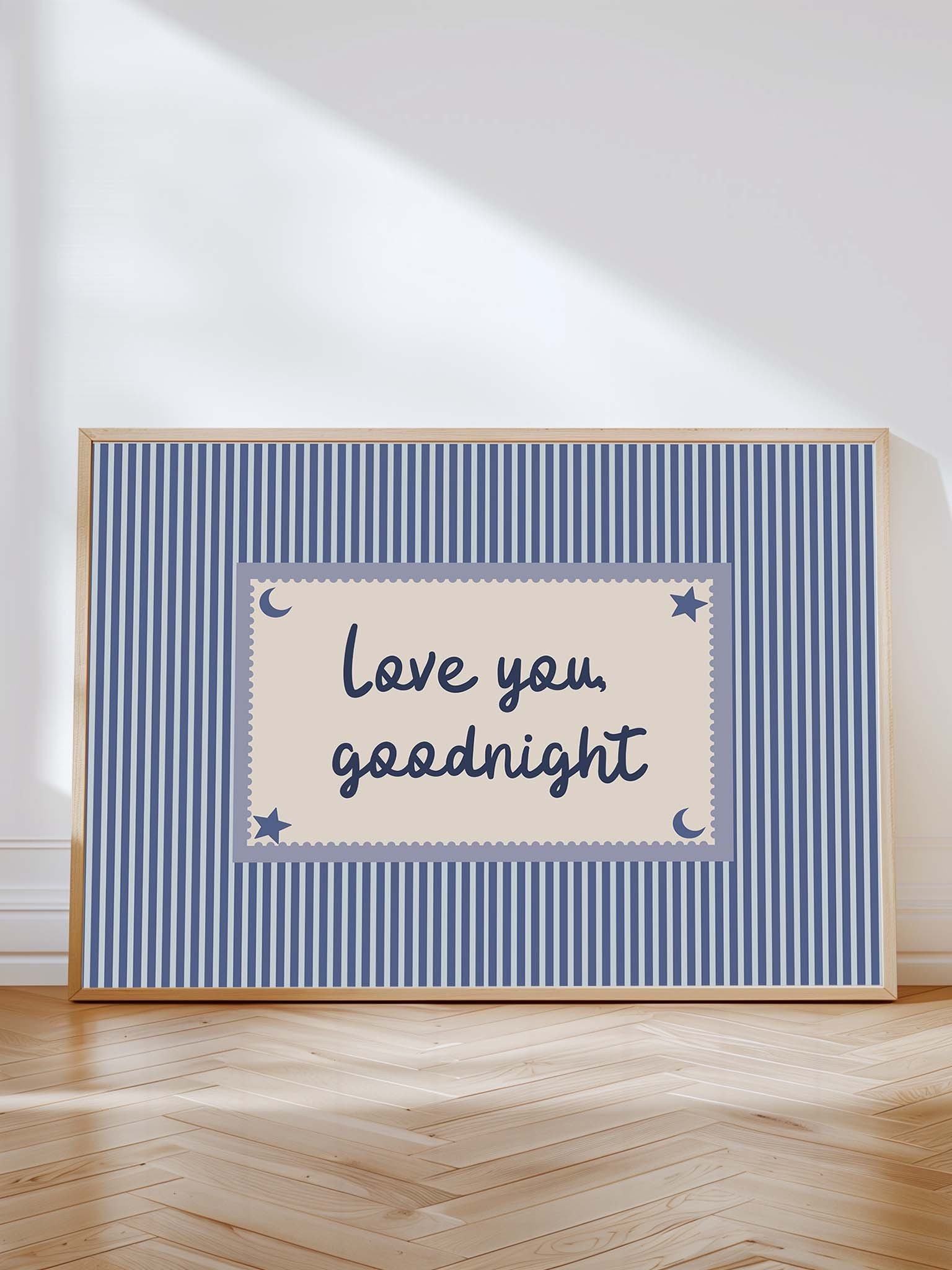 Love You Goodnight Print, Blue Striped Bedroom Wall Art, Handwritten Bedtime Quote, Nursery Decor, Horizontal Digital Download product image (2)