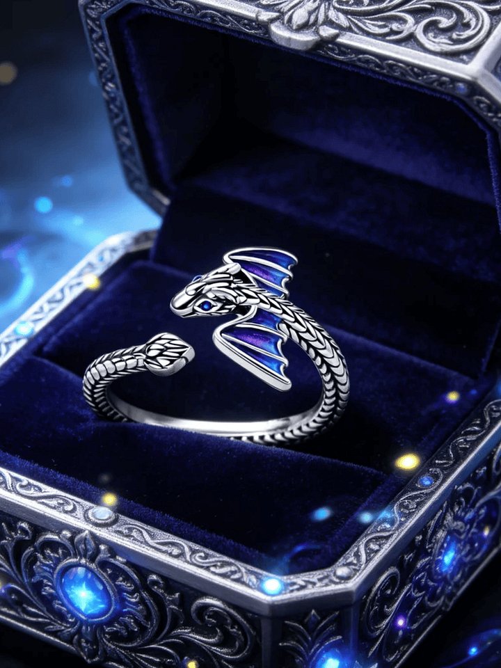 925 Sterling Silver Dragon Ring with Blue Enamel Wings - Adjustable Open Wrap Ring product image (1)