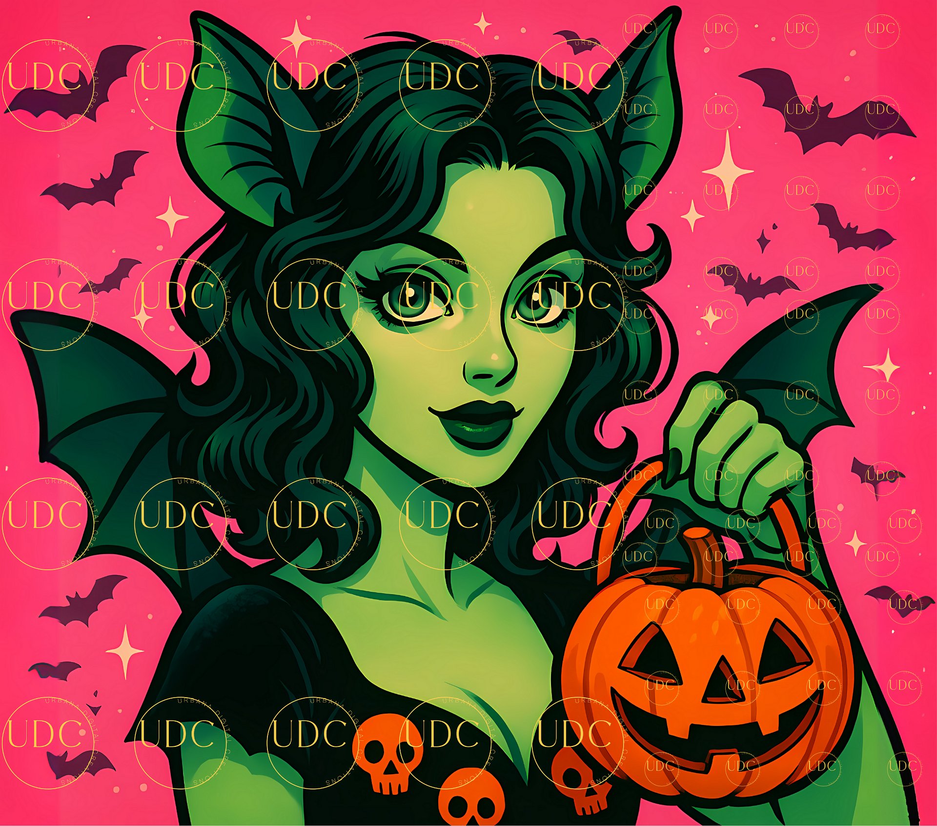 Green Bat-Wing Witch Halloween Tumbler Wrap PNG – Spooky Glam Girl with Pumpkin & Pink Bat Background for 20oz Skinny Tumblers product image (1)