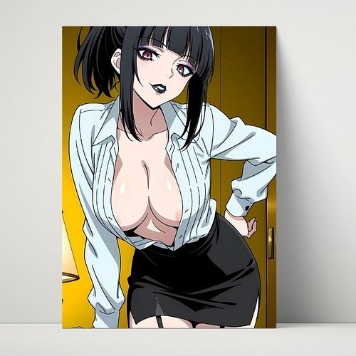 Luna Rain 🖤💼 Original character as office lady. 26yo emo soul, ponytail, purple eyes, unbuttoned blouse, black skirt. Sultry ...