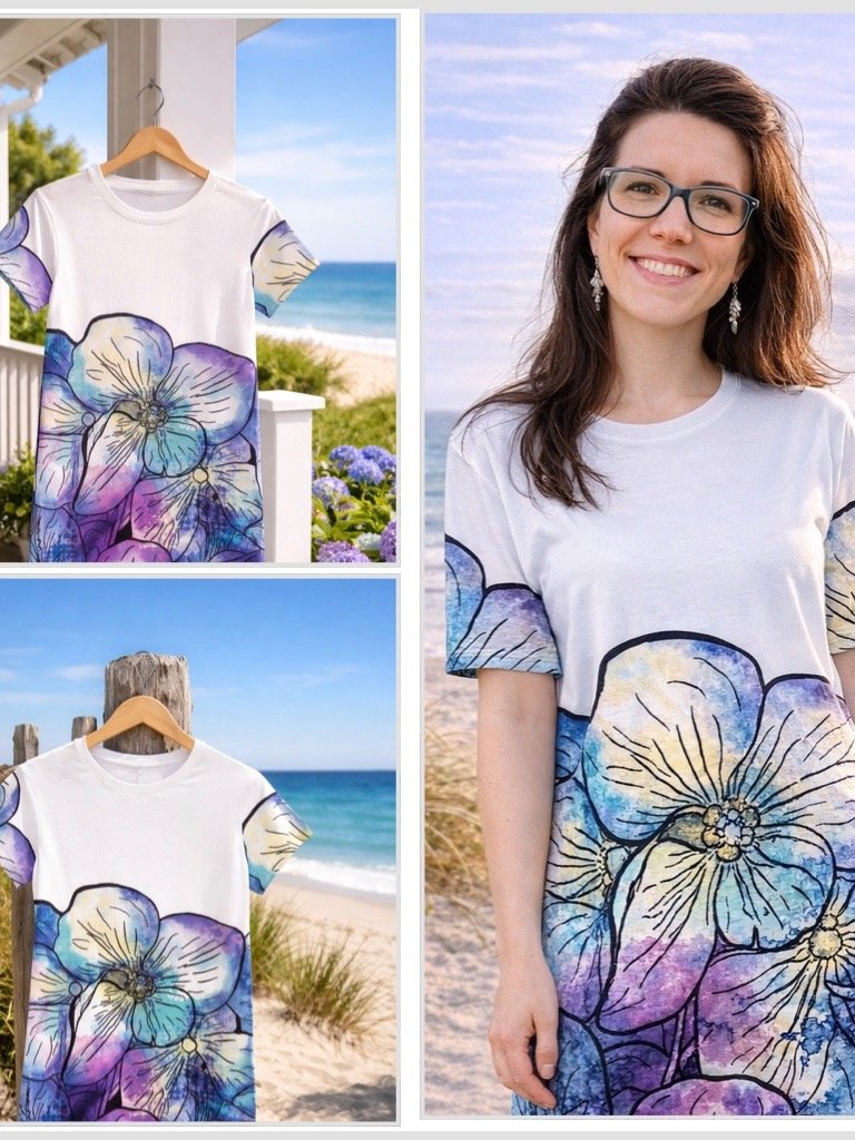 Coastal Bloom Hydrangeas on White | Elegant Summer Design | T-Shirt Dress | by Monique Faella Designs™ product image (10)