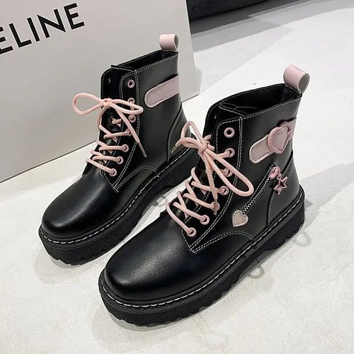 Check out Kawaii Platform Boots Kawaii Platform Boots are a medium-heeled (4cm) ankle boot featuring a sweet pink-and-black p...