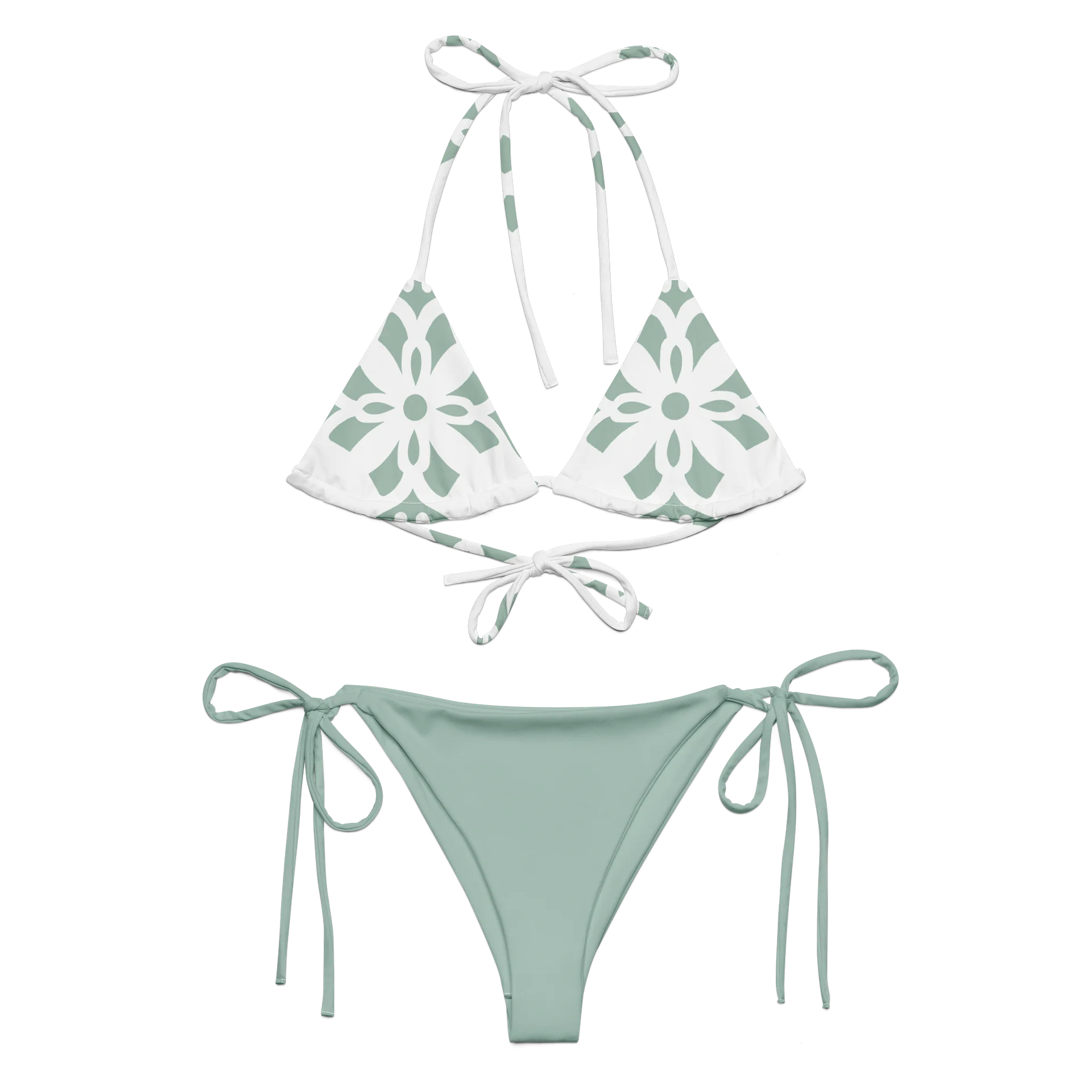 Pale Green Floral All-Over Print String Bikini product image (10)