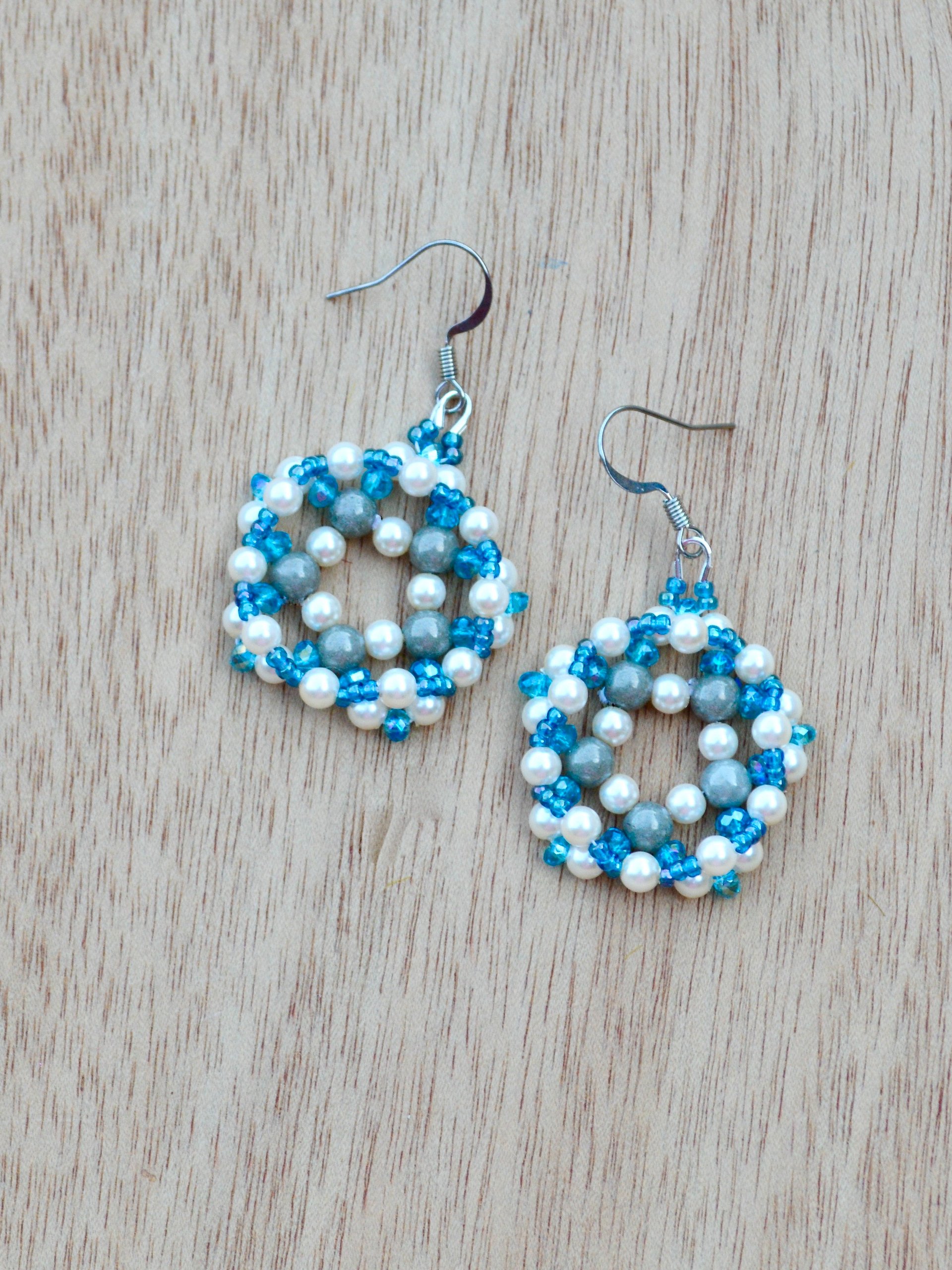 Crystal Blue, Grey and White Pearl Handmade Beaded Star Shaped Earrings product image (3)