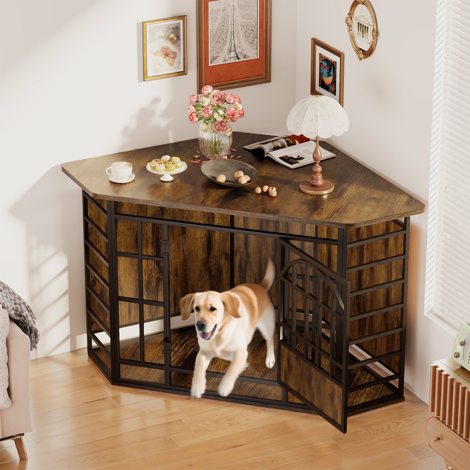 52 inch Corner Dog Crate Wooden Large Dog Kennel Indoor, Large Indoor Dog Crate Decorative Pet House for Medium Large Dogs Vintage Brown product image (2)