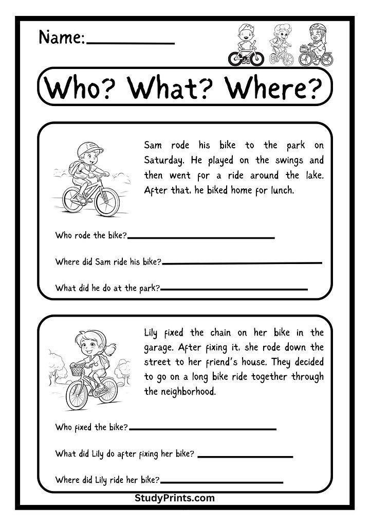 Who? What? Where? Bike -Themed Worksheet product image (1)
