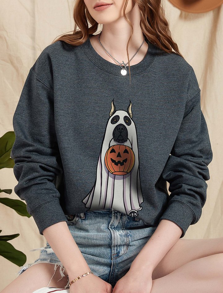 Funny Halloween Great Dane(Cropped Ears Black) Sweatshirt | Funny Great Dane Wearing a Ghost Costume and Holding a Pumpkin Basket product image (2)