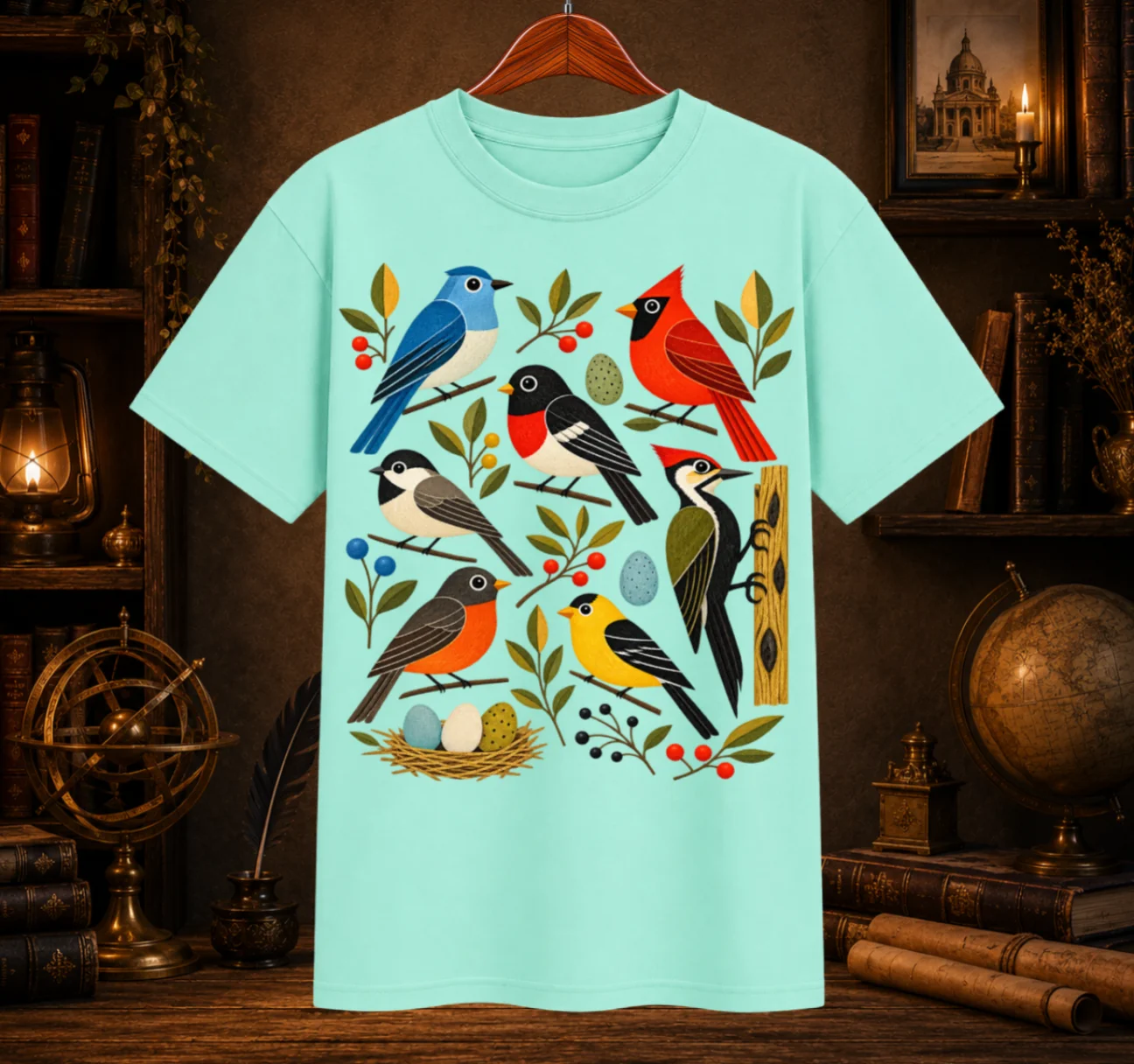 Vintage Folk Art Songbirds Graphic T-Shirt | Mid-Century Nature Graphic Tee product image (1)
