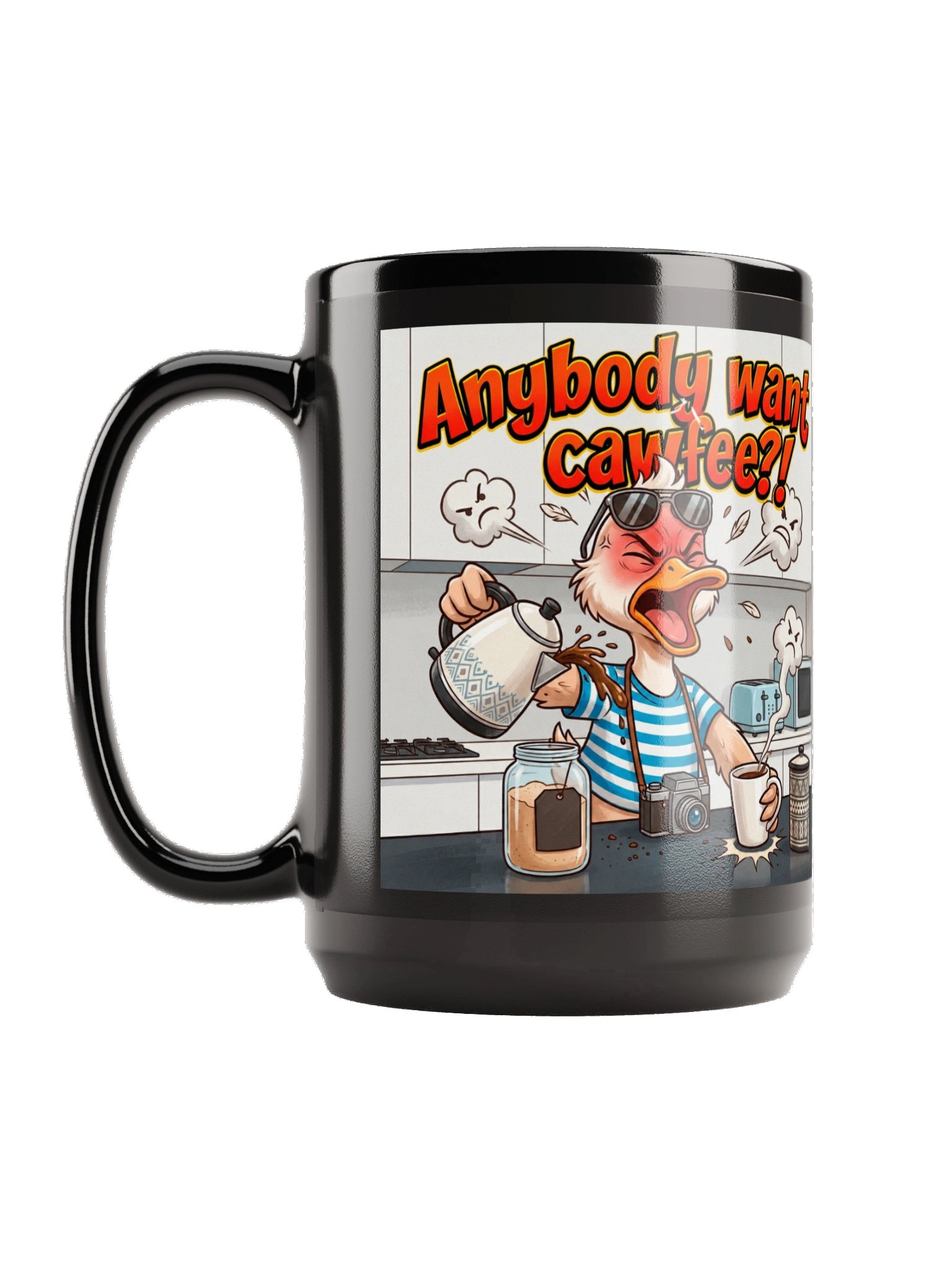 DuckTravels® “Anybody Want Cawfee?!” Black Glossy Mug – 15 oz product image (1)