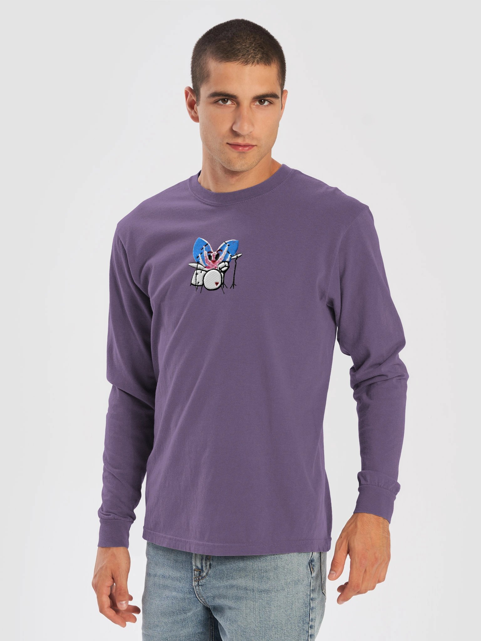 Bug Band Adult Unisex Embroidered LS Tee Centered PinkBug product image (5)
