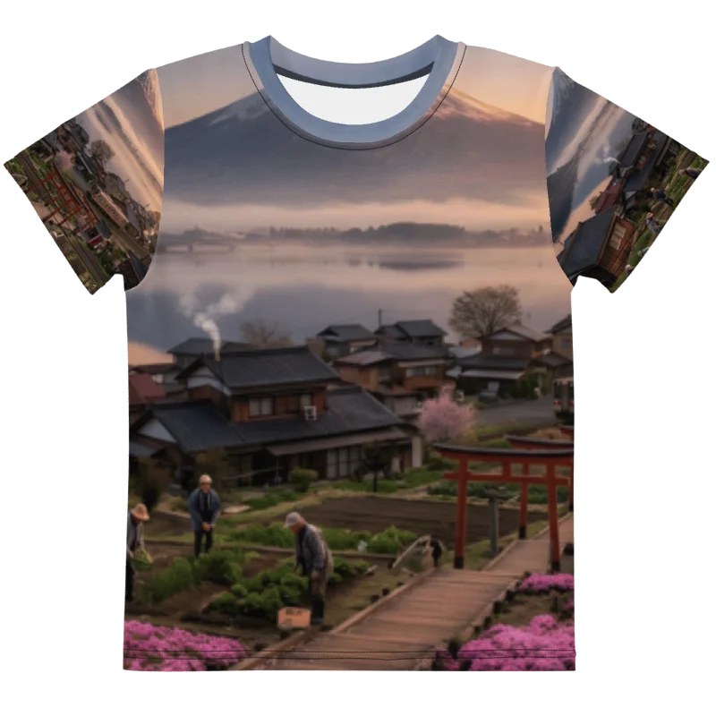 Mount Fuji & Japanese Village Kids Crew Neck T-Shirt | Graphic Tee product image (1)