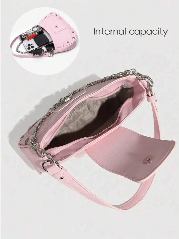 Pink Y2K Saddle Bag | Heart & Chain Detail Top Handle Shoulder Bag | ADLEST product image (4)