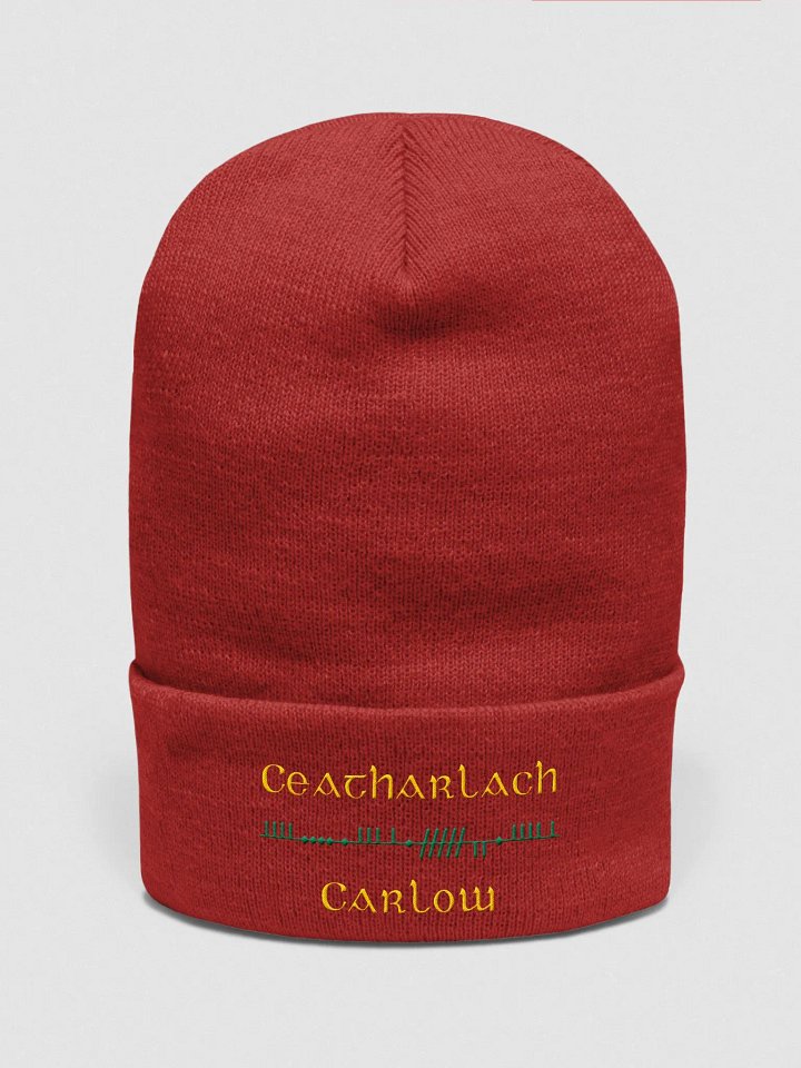 Carlow/Ceatharlach, Red with Green and Gold, Scholastic Style Ogham embroidered Cuffed Beanie product image (1)