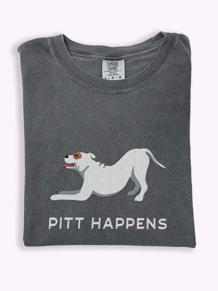Pitt Happens T-Shirt(Embroidered) of a Pitbull Terrier(White) product image (1)