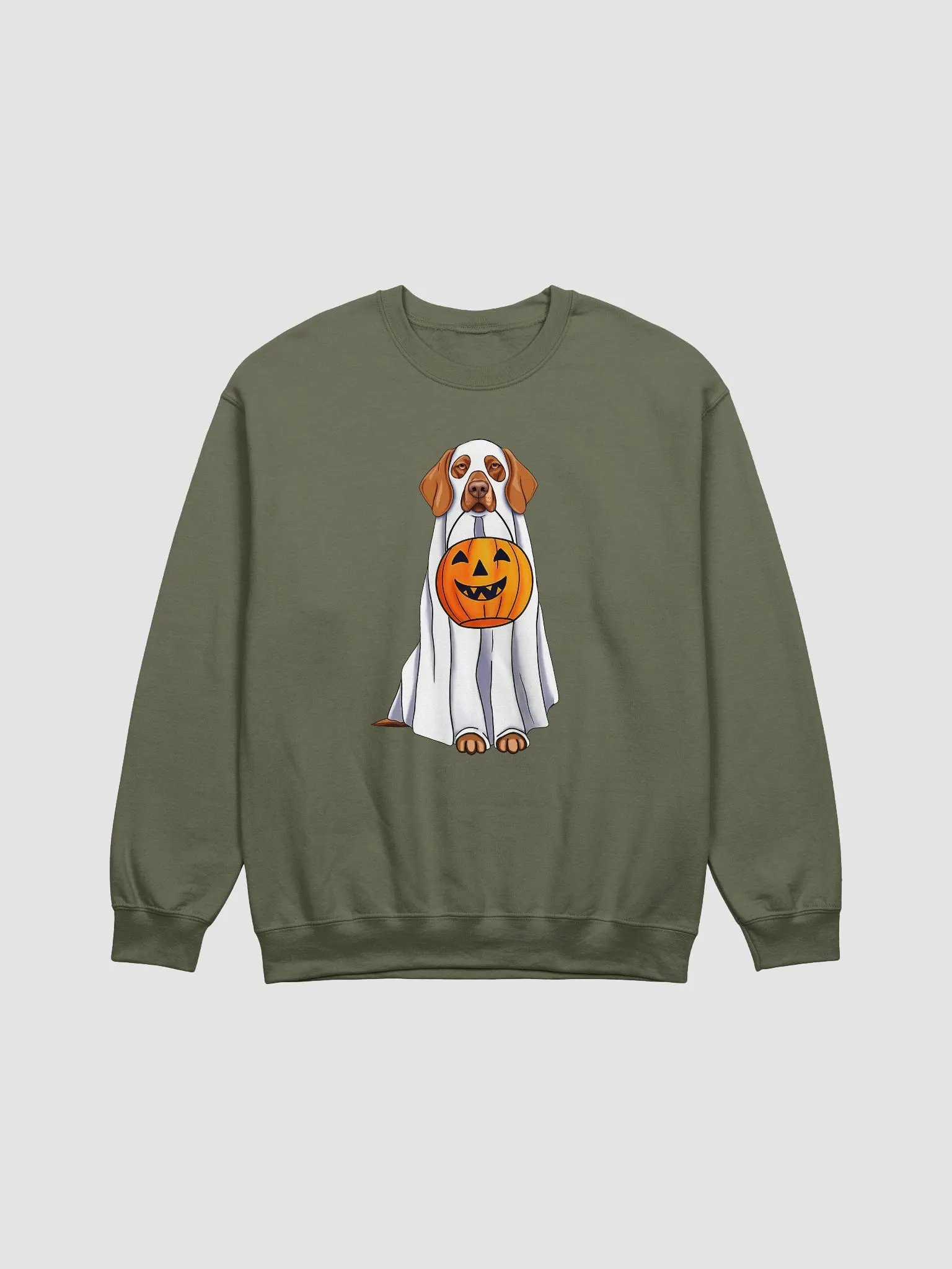Vizsla Halloween Sweatshirt | Funny Fall and Halloween Vizsla Wearing a Ghost Costume with Pumpkin Basket product image (1)