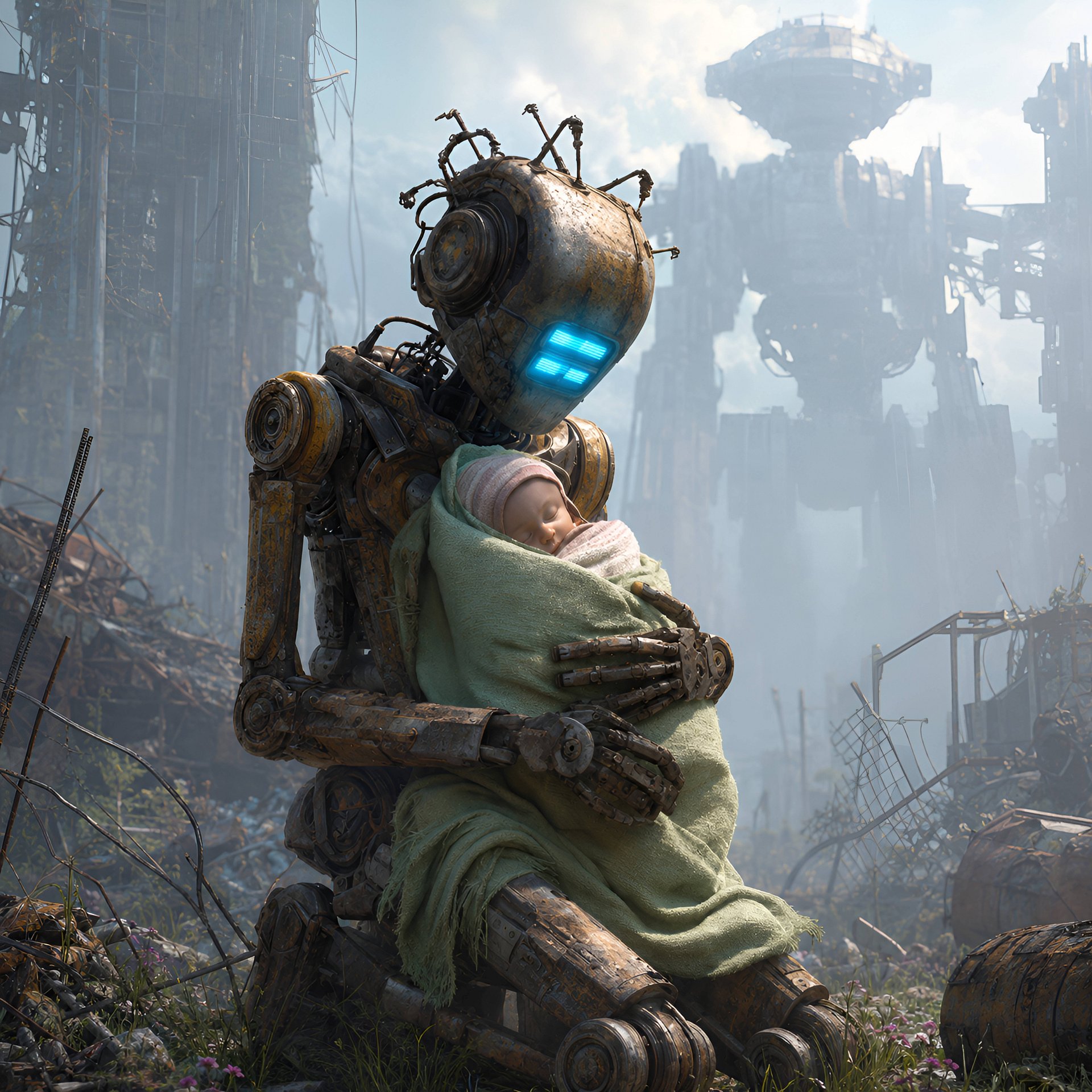 Cyberpunk Robot Baby T-Shirt, Sci-Fi Guardian Art, Futuristic Tech Gift, 8K Oversized Tee product image (2)