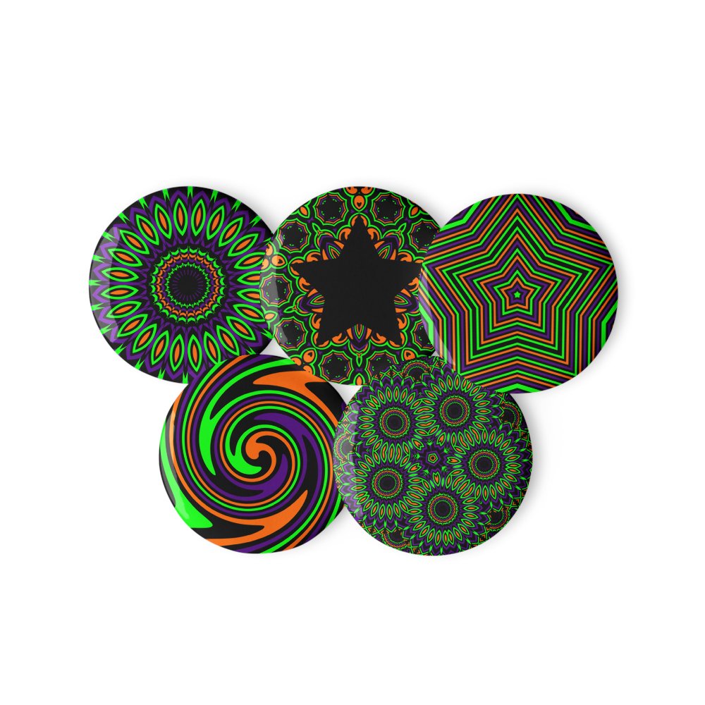 Twisted Halloween Sunflower Star Pins, Autumn Orange Black Green Purple Kaleidoscope Art Pin Buttons product image (1)