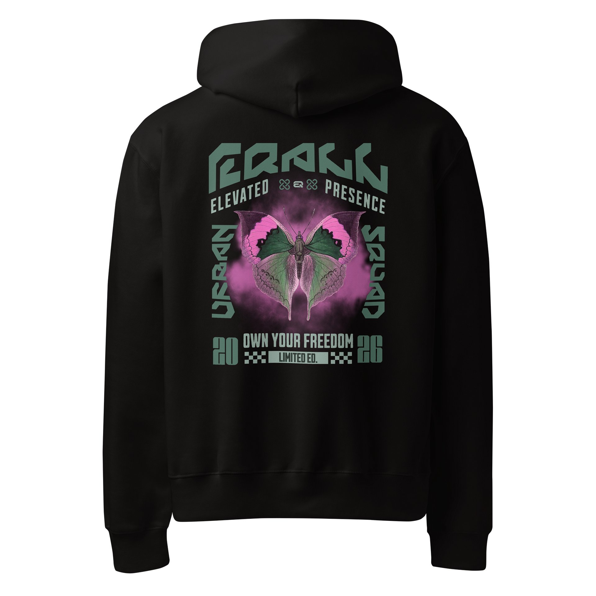 Urban Butterfly Unisex Bella Champ Butterfly Hoodie R3CVR.i by EQALL® Originals_Green / Cyclamen product image (1)