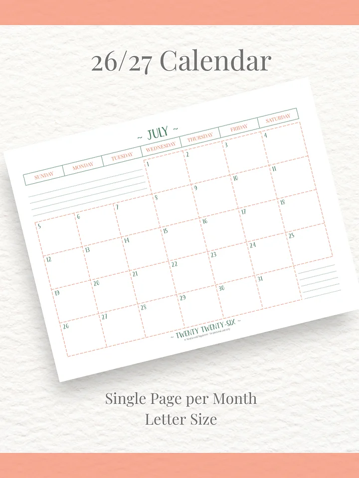 Peachy Green - 26/27 Calendar - Single Page per Month - Letter Size product image (1)