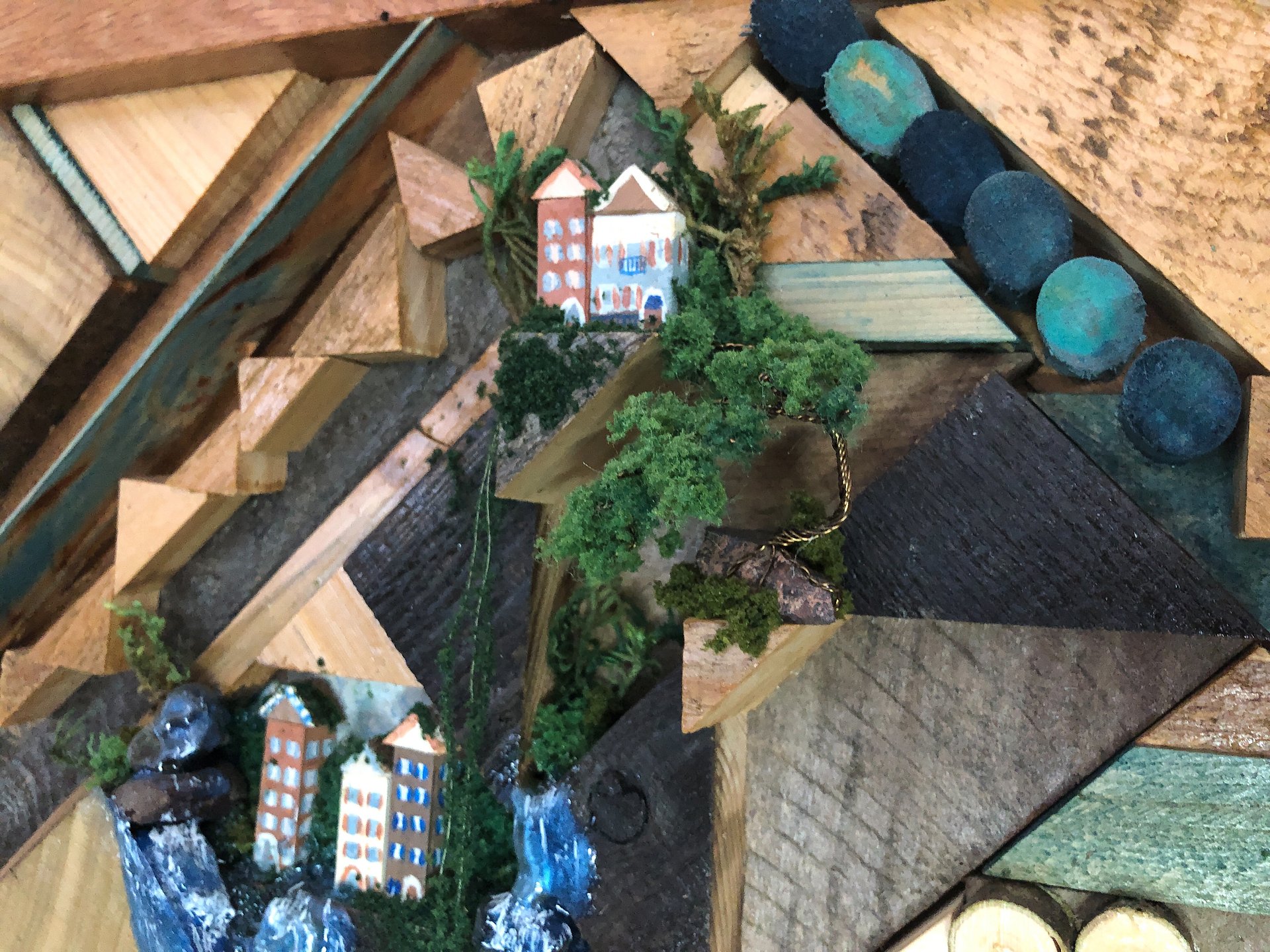 OOAK Wood wall shelf with branch pole and mini landscape diorama product image (8)