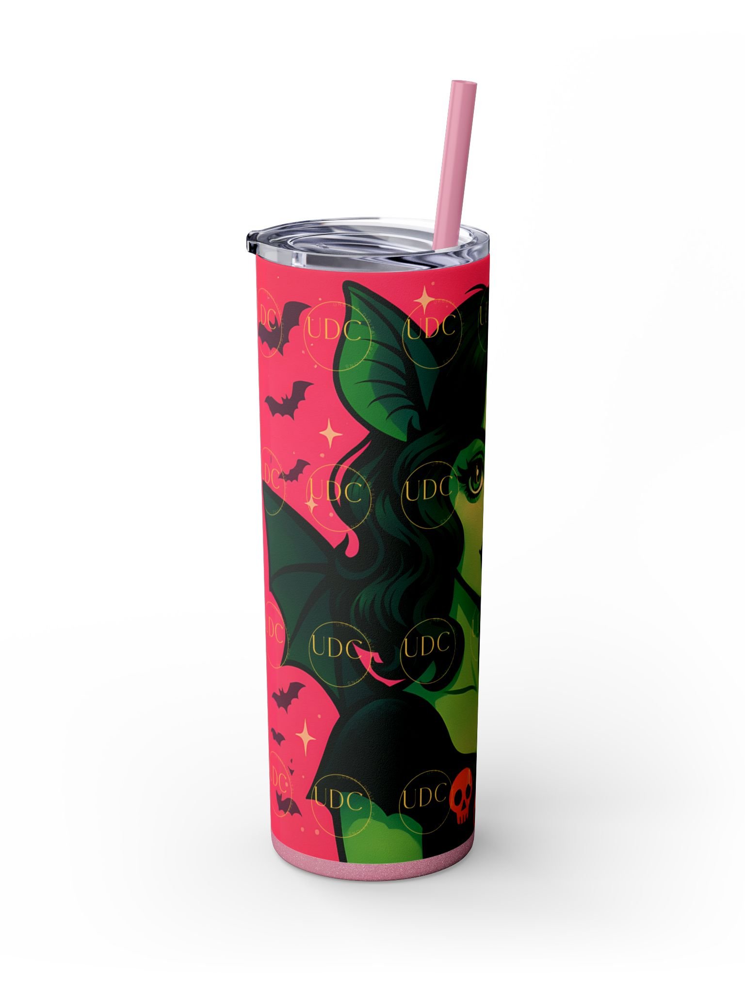 Green Bat-Wing Witch Halloween Tumbler Wrap PNG – Spooky Glam Girl with Pumpkin & Pink Bat Background for 20oz Skinny Tumblers product image (5)