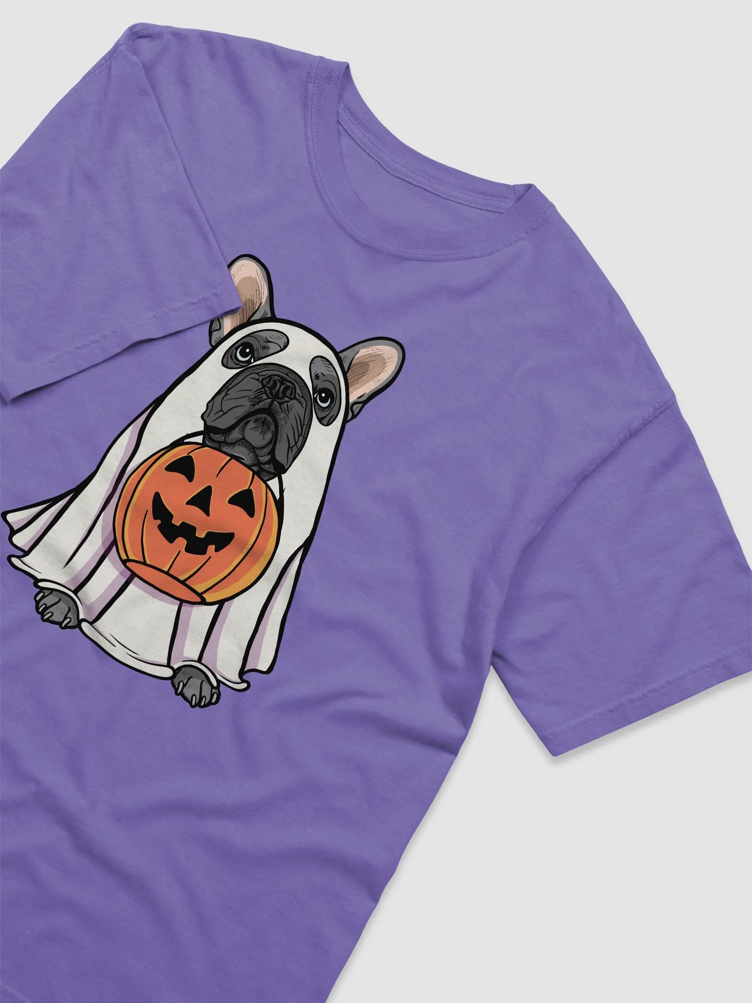 Funny Halloween French Bulldog(Blue) T-Shirt | Funny Frenchie Wearing a Ghost Costume and Holding a Pumpkin Basket product image (6)