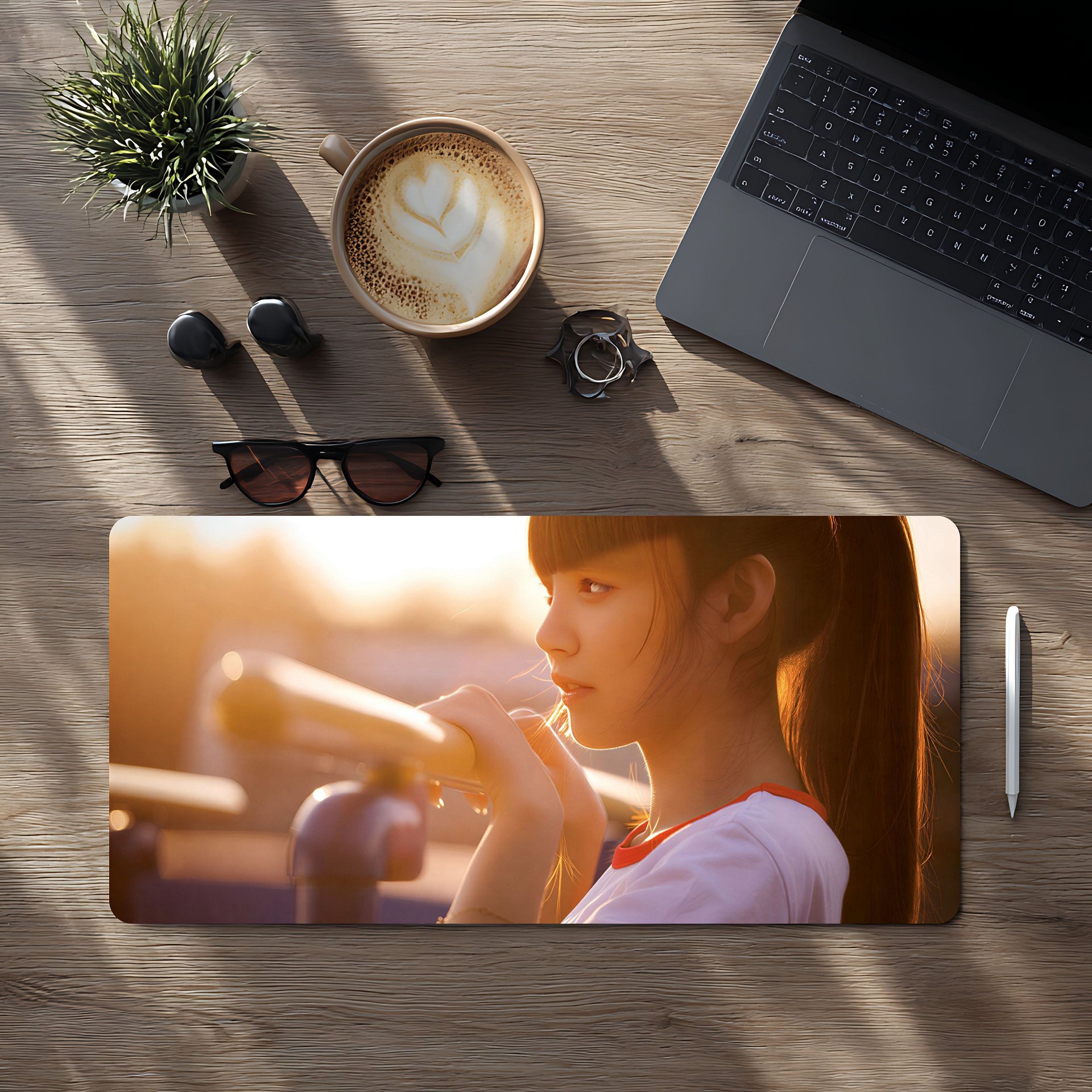Japanese Girl Sunset Desk Mat 12x22 | Ponytail Portrait Mouse Pad product image (1)