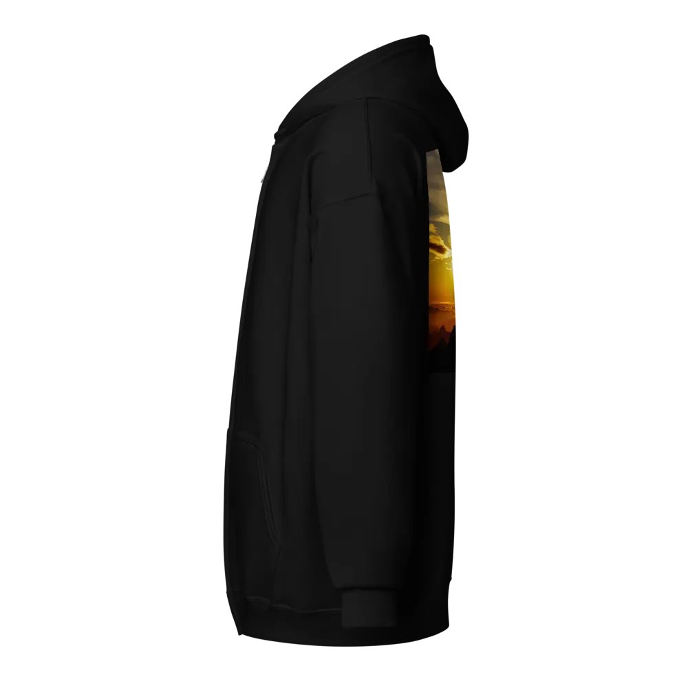 Large cross silhouetted against a dramatic sunset, vibrant hues of yellow, orange, dominate the sky, with clouds and distant mountains Hoodie product image (3)