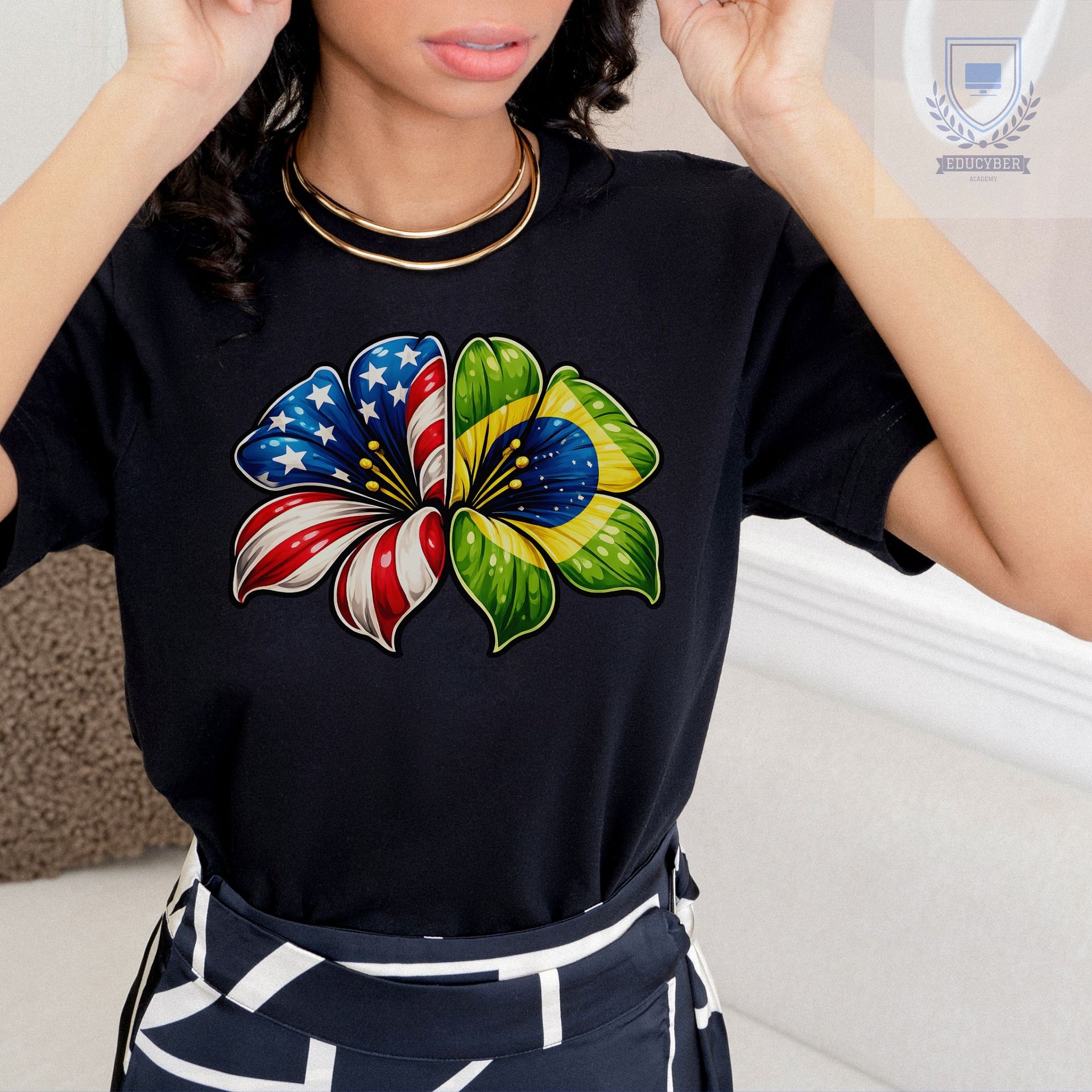 USA Brazil Flower Shirt, Patriotic Floral Tee, American & Brazilian Pride, Unisex Graphic T-Shirt product image (2)
