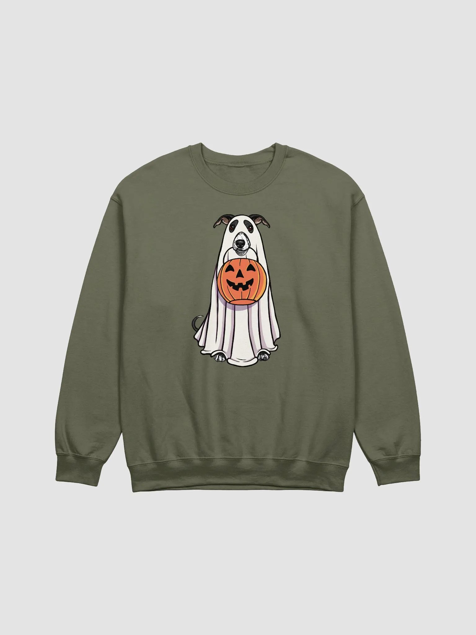 Funny Halloween Whippet(Black) Sweatshirt | Funny Dog Wearing a Ghost Costume and Holding a Pumpkin Basket product image (1)