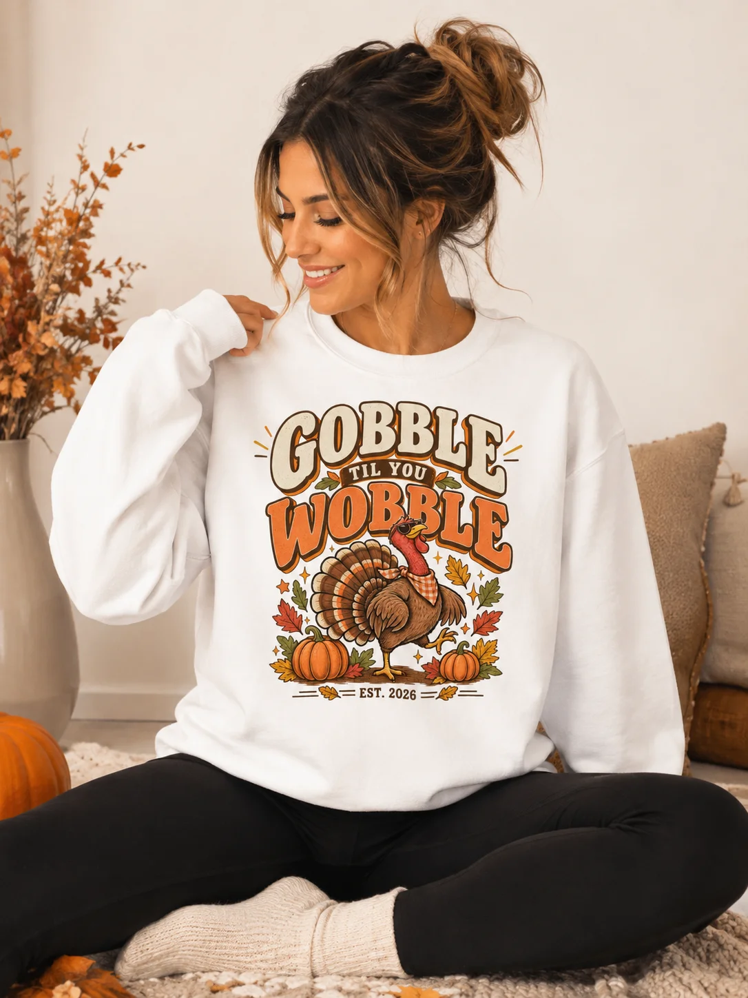 Gobble Til You Wobble Thanksgiving Sweatshirt | Cozy Autumn Crewneck product image (2)