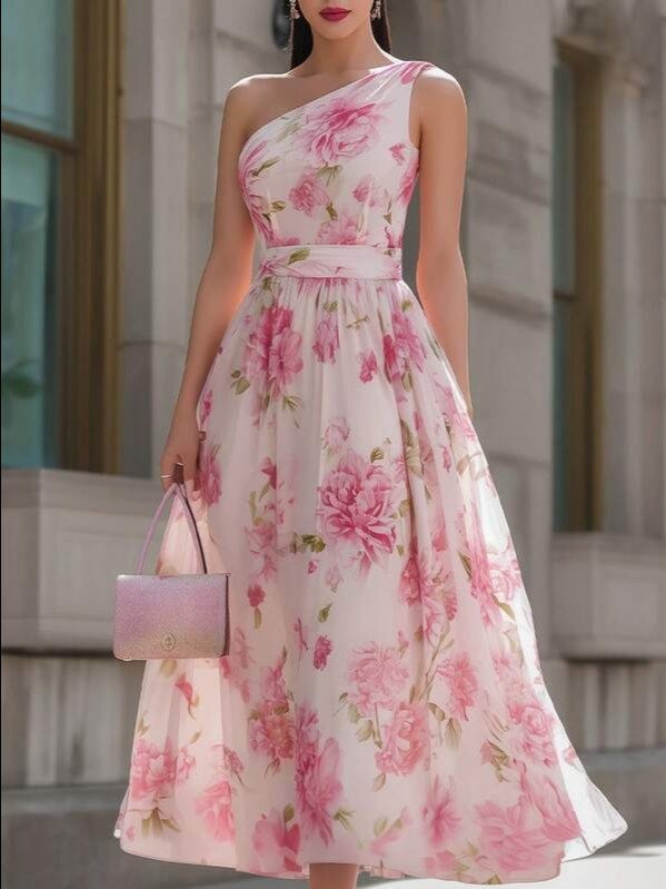 Shop the EMERY ROSE Pink Asymmetrical Peony Print Chiffon Long Dress at ADLEST. Perfect elegant vacation and summer outfit for weddings, parties, and daily wear. product image (1)