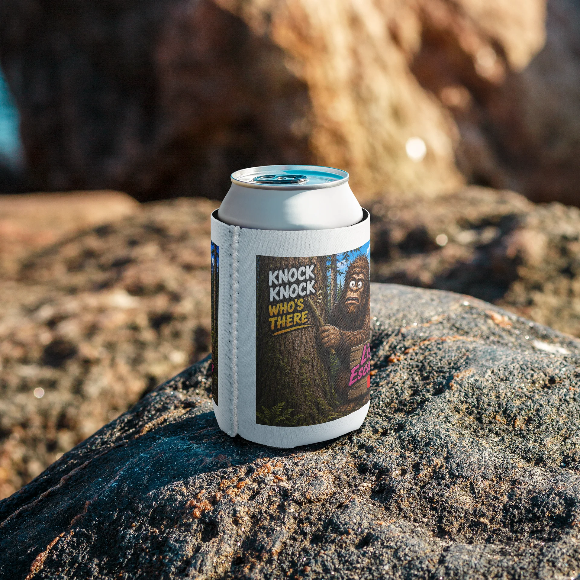 Bigfoot Knock Knock Forest Coozie Can Cooler product image (7)