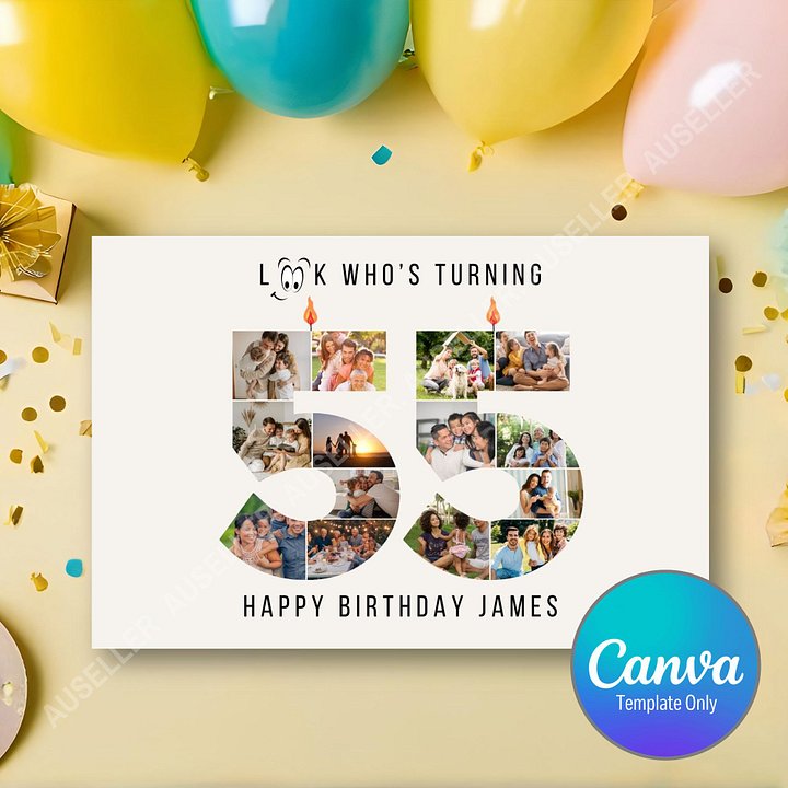 55th Birthday Number Photo Card Canva Template product image (1)