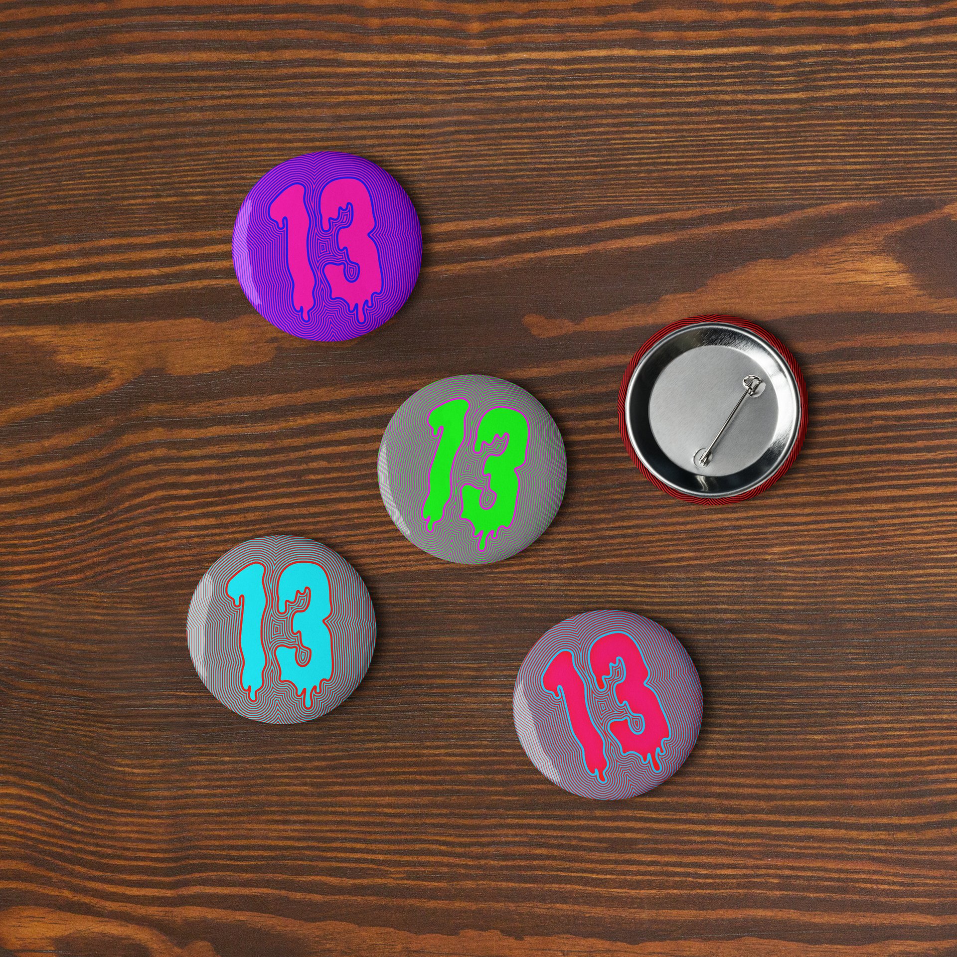 Happy Friday the 13th Psychedelic Pins, Trippy Thirteen Art, Horror Lover Accessories, Creepy Dripping Design Odd Pin Button Set product image (5)